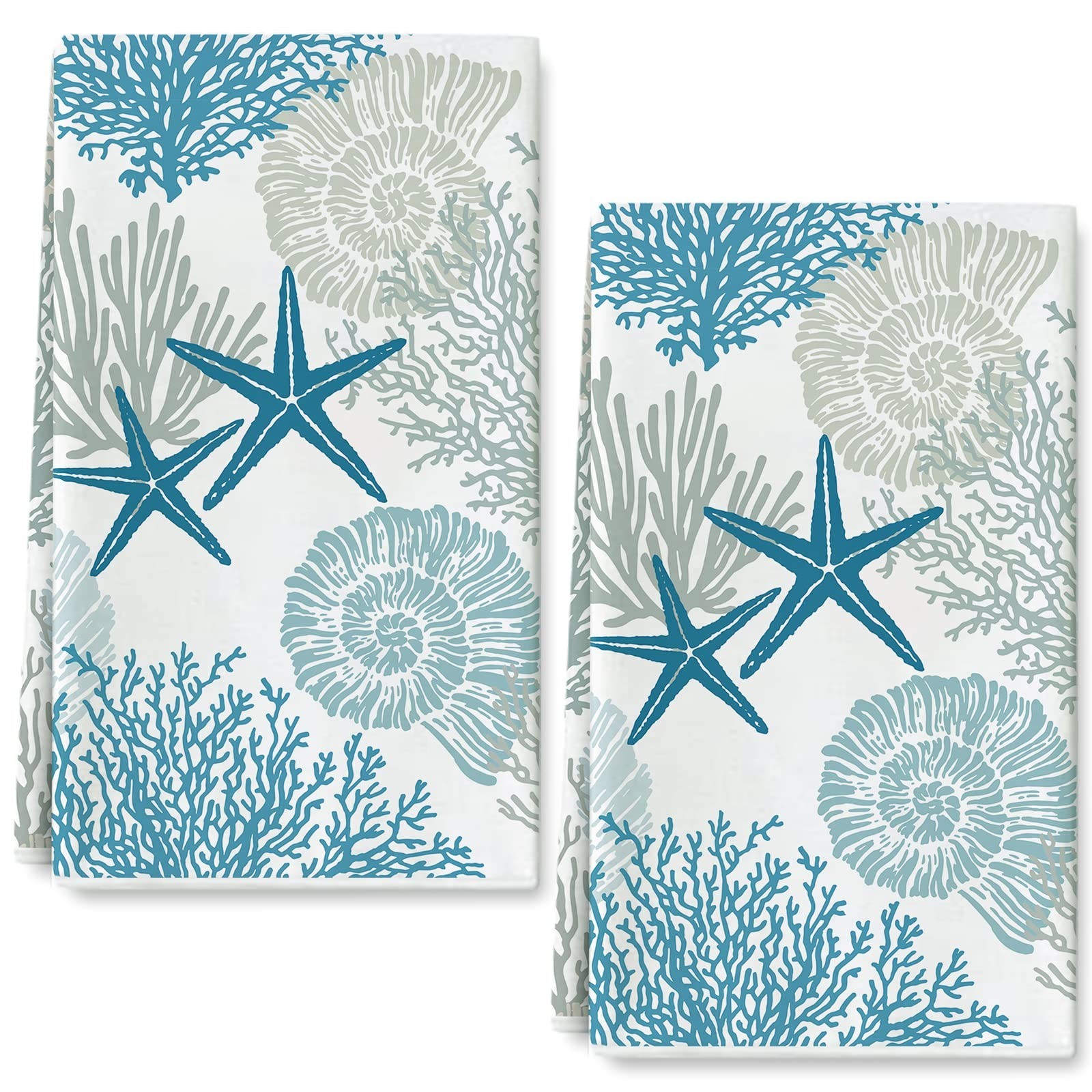 AnyDesign Ocean Theme Kitchen Dish Towel Beach Seashell Coral Starfish Hand D…