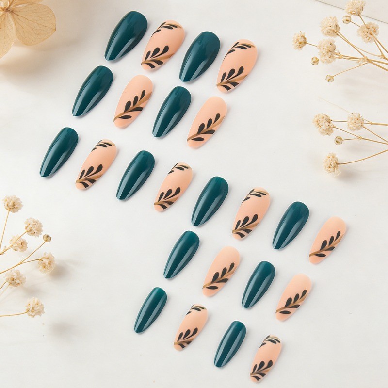 48pcs-Dark Teal Press on Nails, Medium Almond Nude Gold Leaf Accent False Nails
