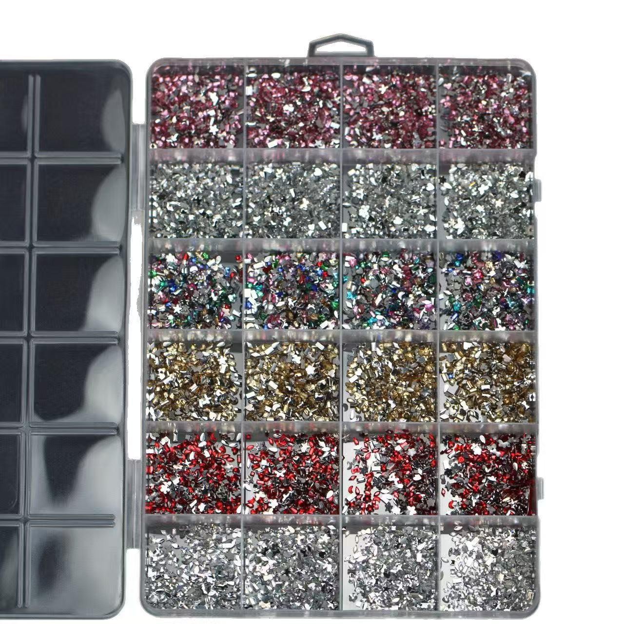 6000pcs Mixed Shape Nail Rhinestones, Flat-Back Crystals in 24 Grid Storage Box