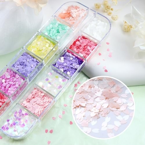 12 Colors Flowers Nail Art Glitter Sequins Cherry Blossoms Nails 12 colors