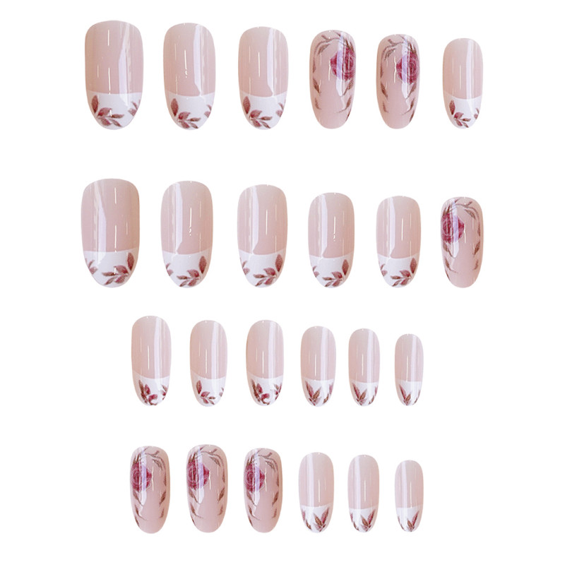 48P Long Almond Press on Nails, Nude Pink French Hand‑Painted Rose Fake Nails