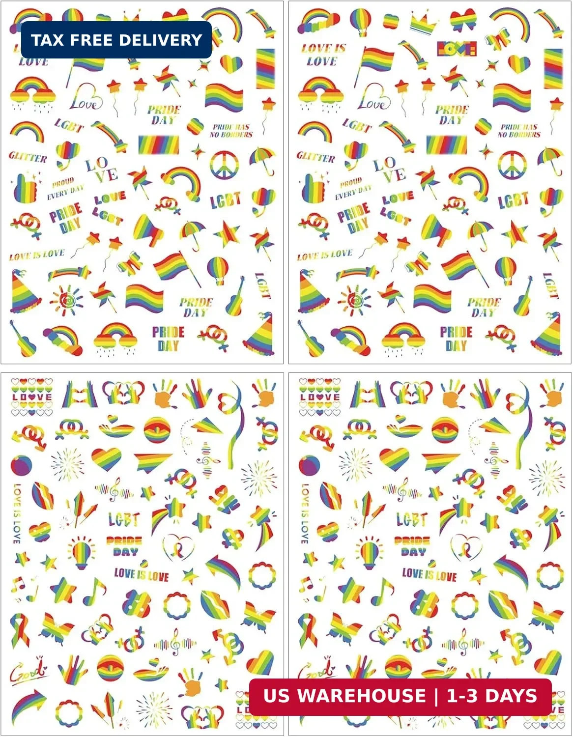 4 Sheets LGBTQ+ Pride Nail Stickers Cute Rainbow Nail Art Decals 3D Self-Adhesiv