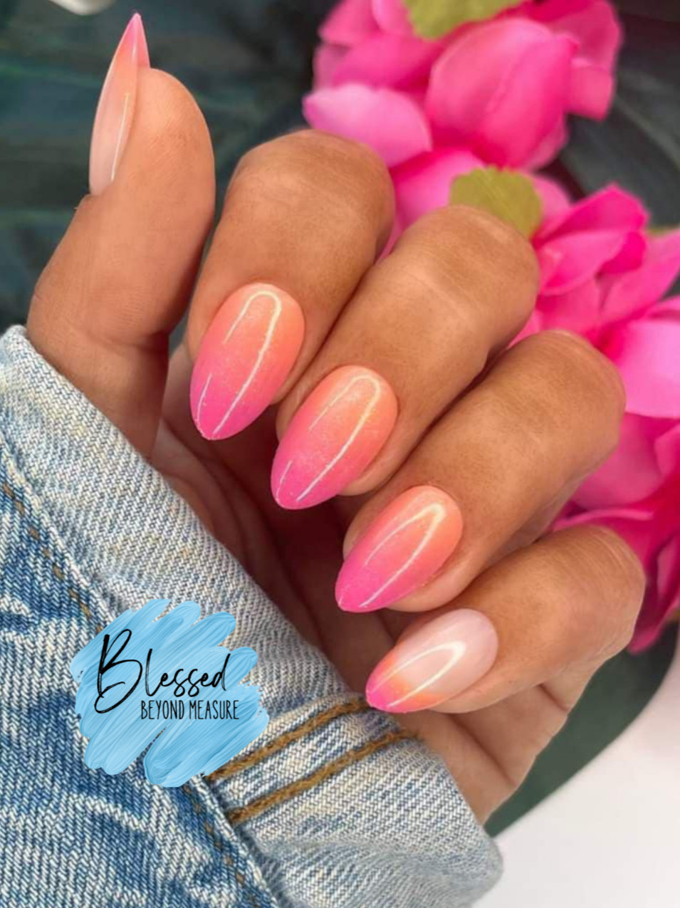 Red Aspen Press On Nails~Mana Wahine, Evalani ~Almond~Pink & Orange Ombre French