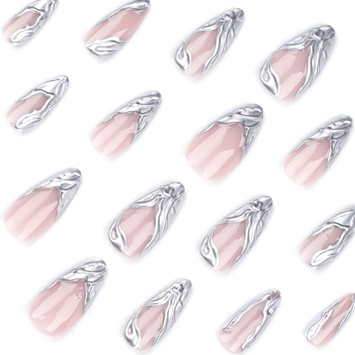 24Pcs Press on Nails Long French Tip, Metal French False Nails Natural Full C…