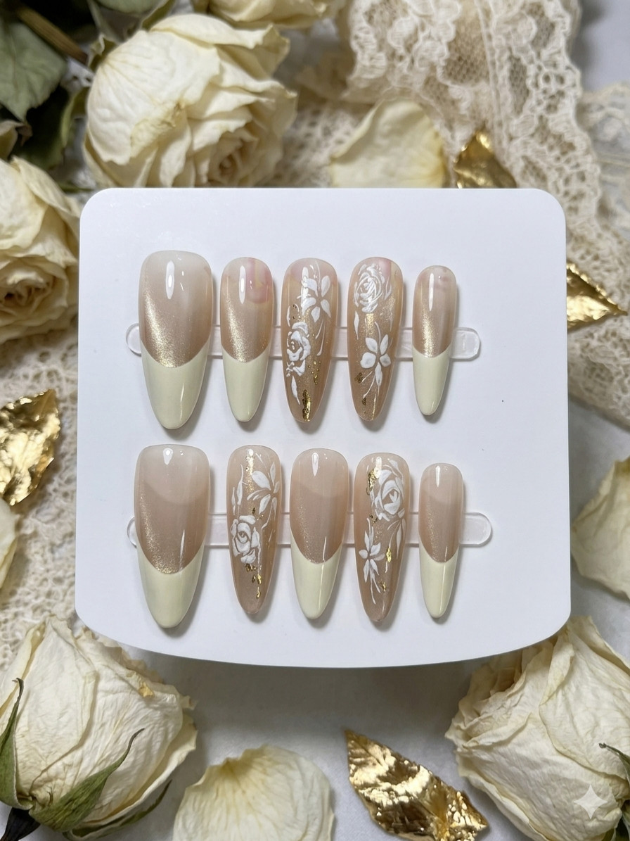 Soft Nude & Cream Floral Design with Gold Leaf 3D