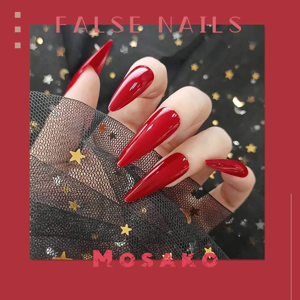 Stiletto Press on Nails Extra Long Fake Nail Red False Nails Tips Glossy Full…
