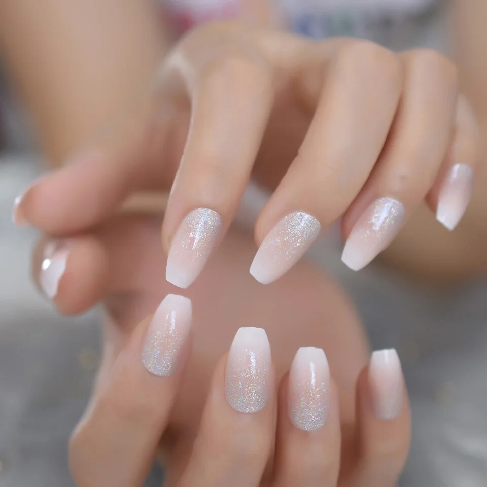 24 French Ombre Glitter Press on nails kit w glue nude white