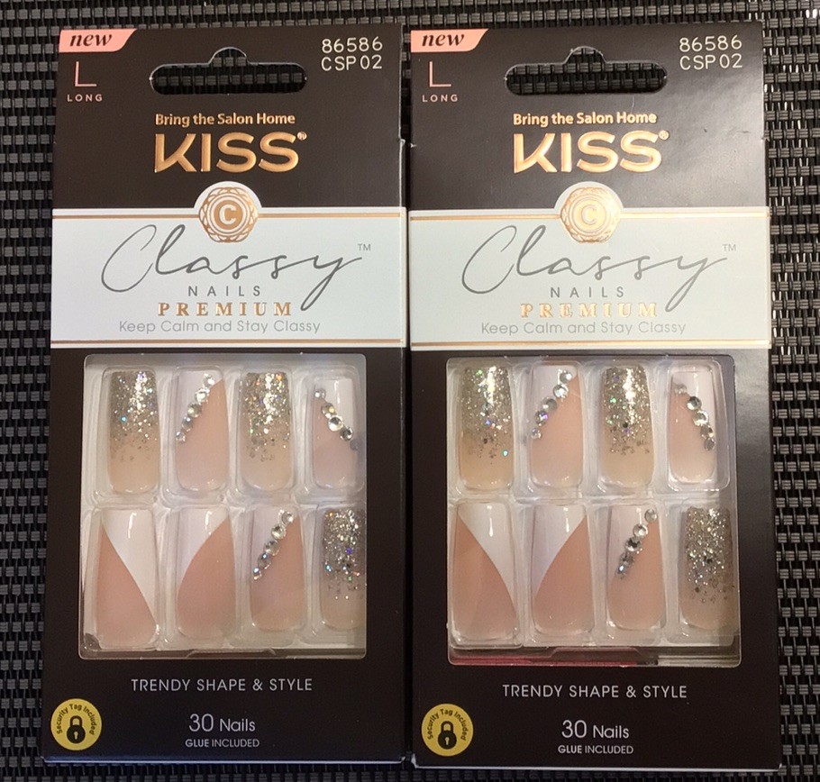 KISS Press On Nails Lot Of 2 CLASSY FRENCH W/Jewels #86586 Long Square