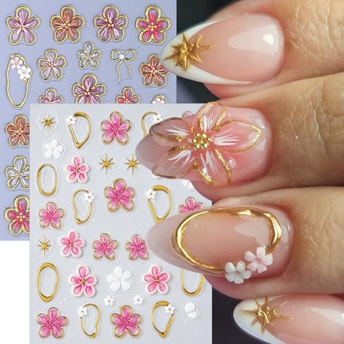 3 Sheets Flower Nail Stickers 5D Embossed Lily gold edged embossed floral