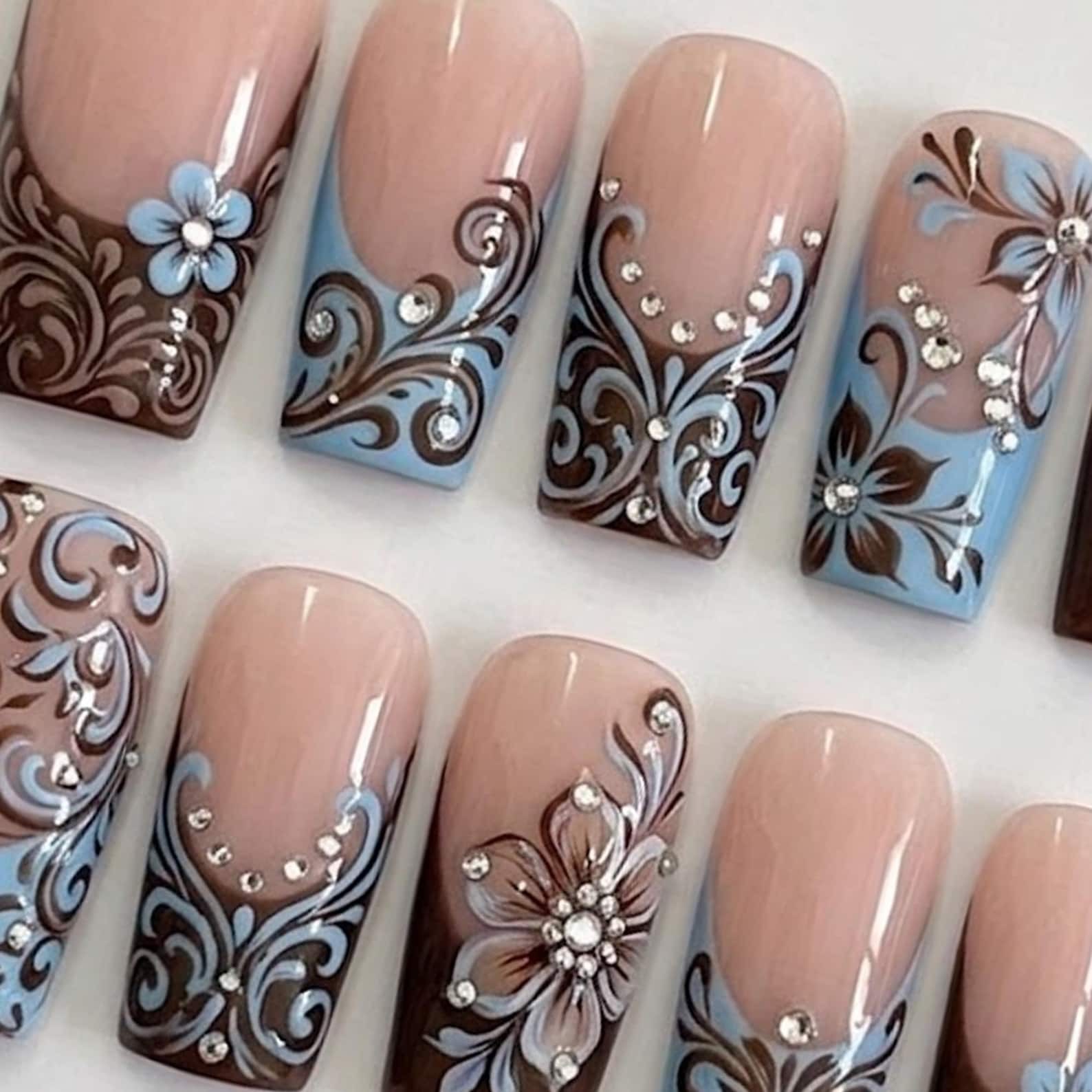 Handmade Brown Blue Floral Swirl Rhinestone Long Square Press on Nails
