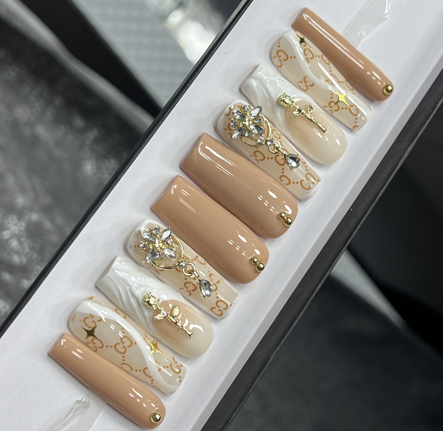 💎 CUSTOM Hard Gel Press On Nails, BLING NUDE , 10p FULL SET W Kit LONG SQUARE