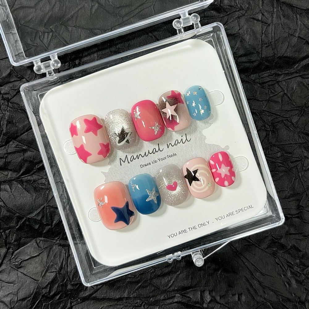 10Pcs Cute Round Star Nails Candy Color 3D Design Removable Girl Nails
