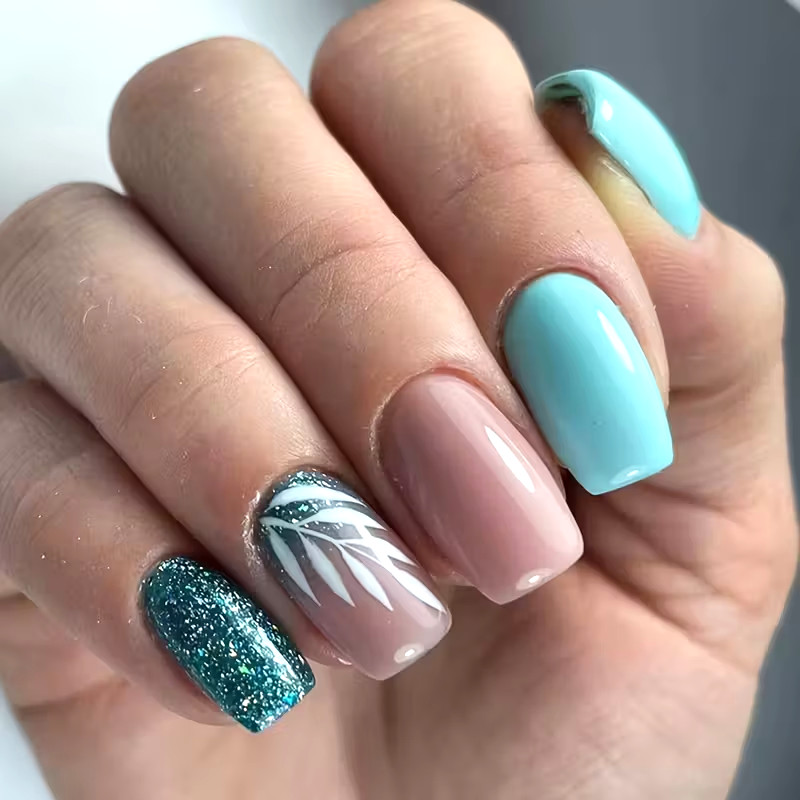 Blue-Green Nail Art European Square Medium-Long False Nails Lake Green