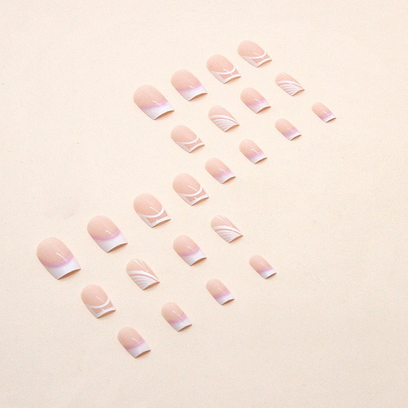 48Pcs-Minimalist White Line Press on Nails Glossy Long Square Nail Art Set
