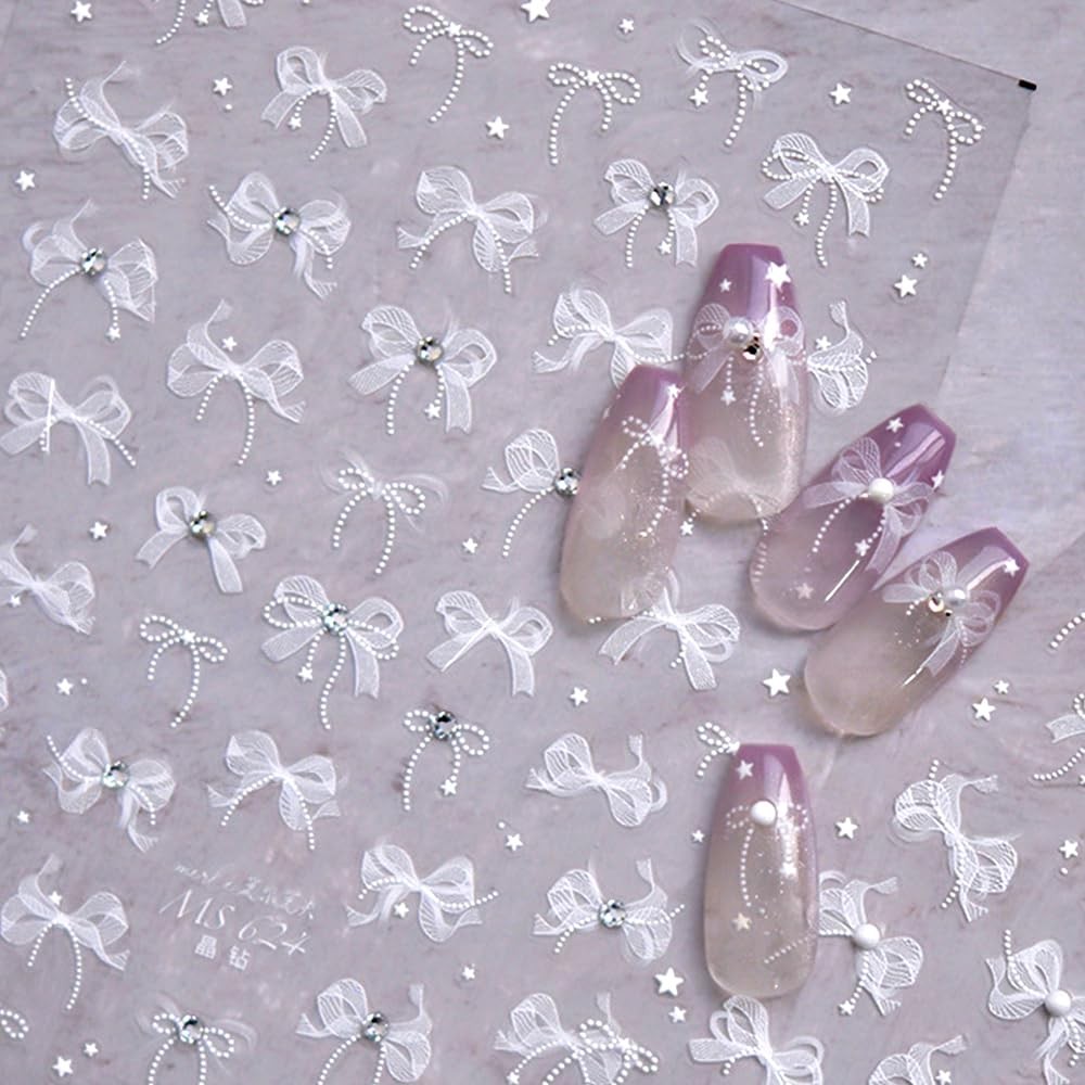 White Lace Bow Nail Stickers for Nail Art Supplies Cute Nail Bows Ribbon