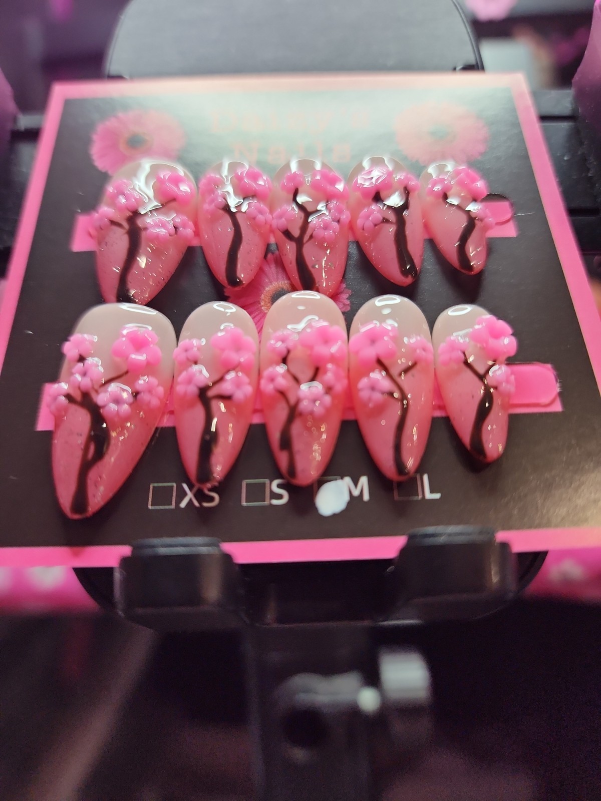 Medium Size Press-on Nail 10Pc Set Handmade Almond Cherry Blossom 2.5 Cm Length