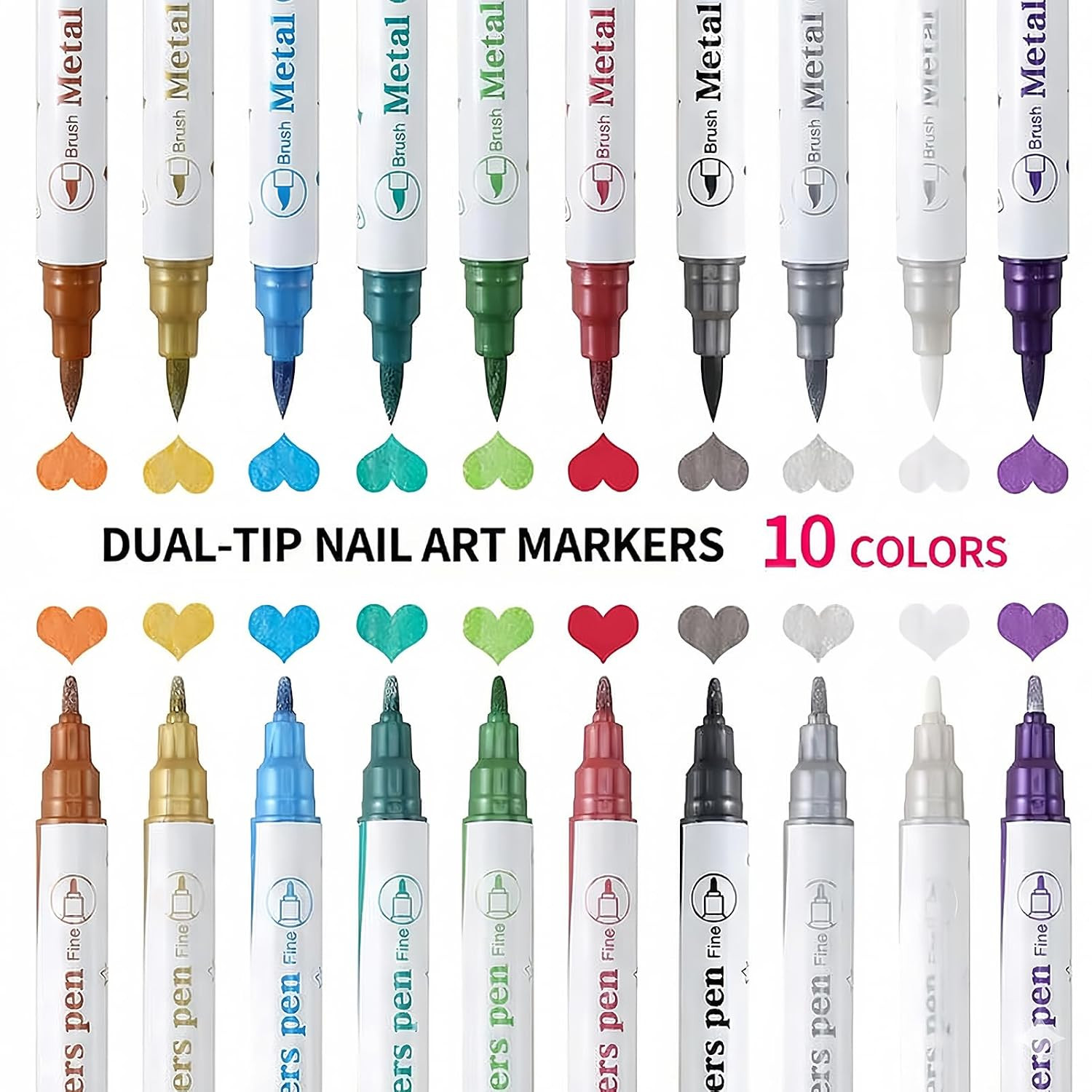 10 Colors Nail Art Pens Set, Dual Tip Metallic Nail Art Markers