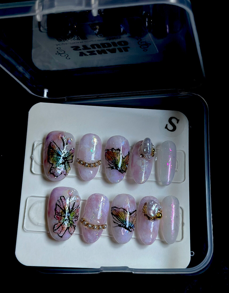 CUSTOM Handmade Gel Long nails Press On| Pink Butterfly Size:S 15 11 12 11 9