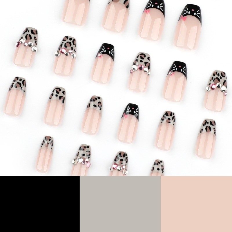 48Pcs-Short Leopard Press on Nails Square Nail Art Black Cat French Tip Gemstone
