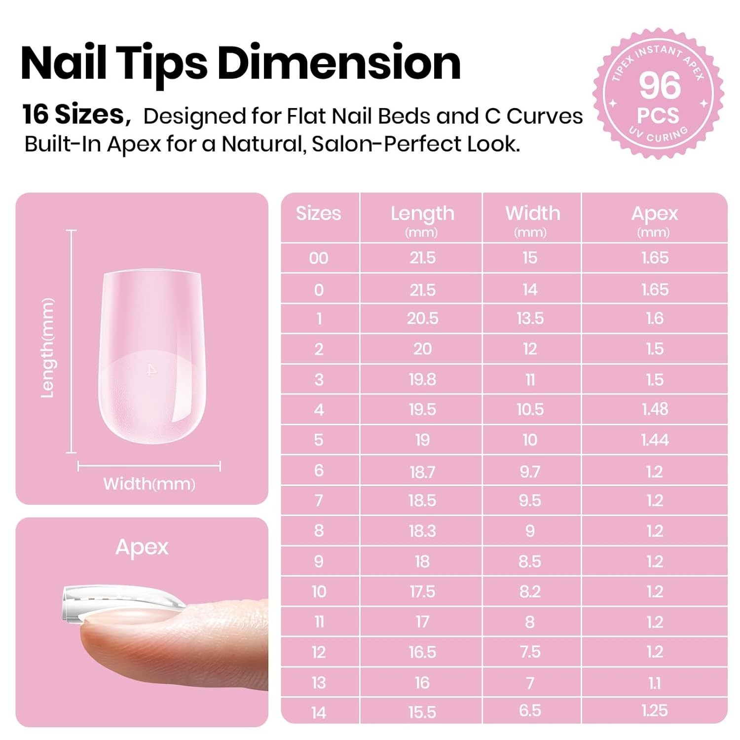 Beetles Tipex Lite Instant Apex Nail Tips, Short Square, 16 Sizes | 00–14, Built