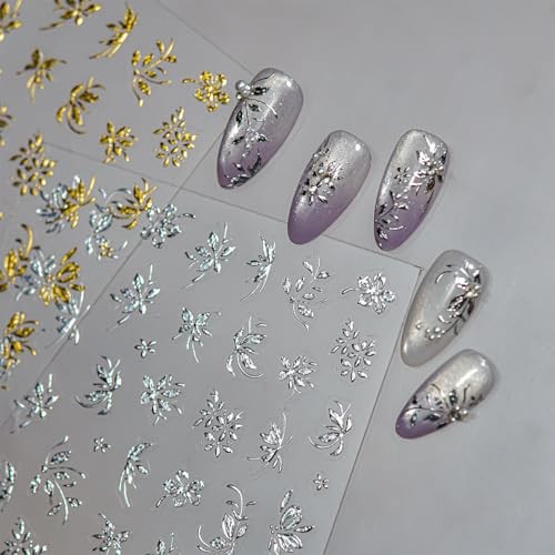 Gold Silver Flower Leaf Nail Art Stickers 2 Sheets Self Gold Silver Leaf-4