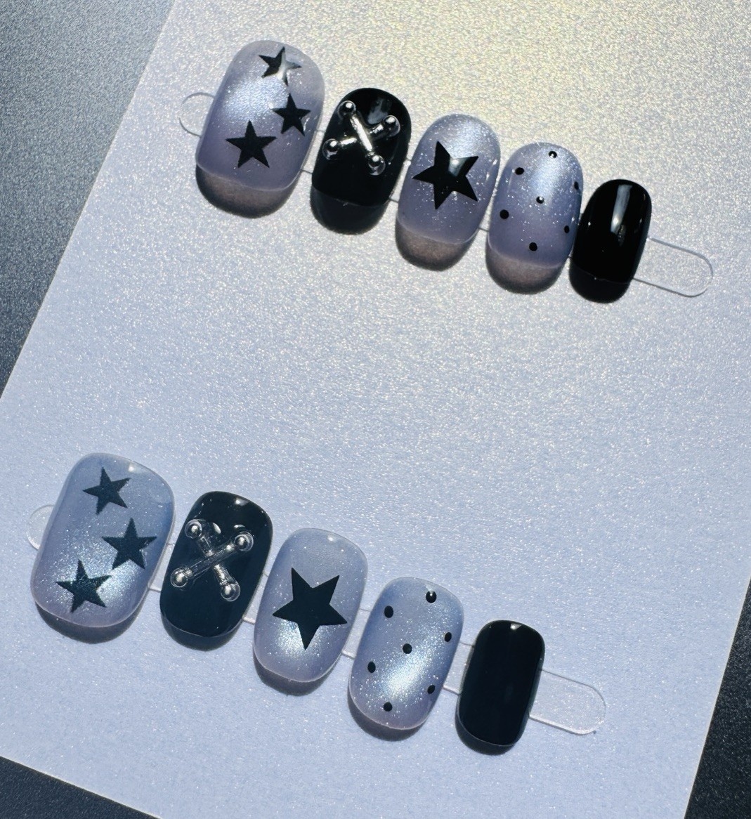 Press-On Nails Black/Gray Star Theme 3D Full Cover Pre-Designed