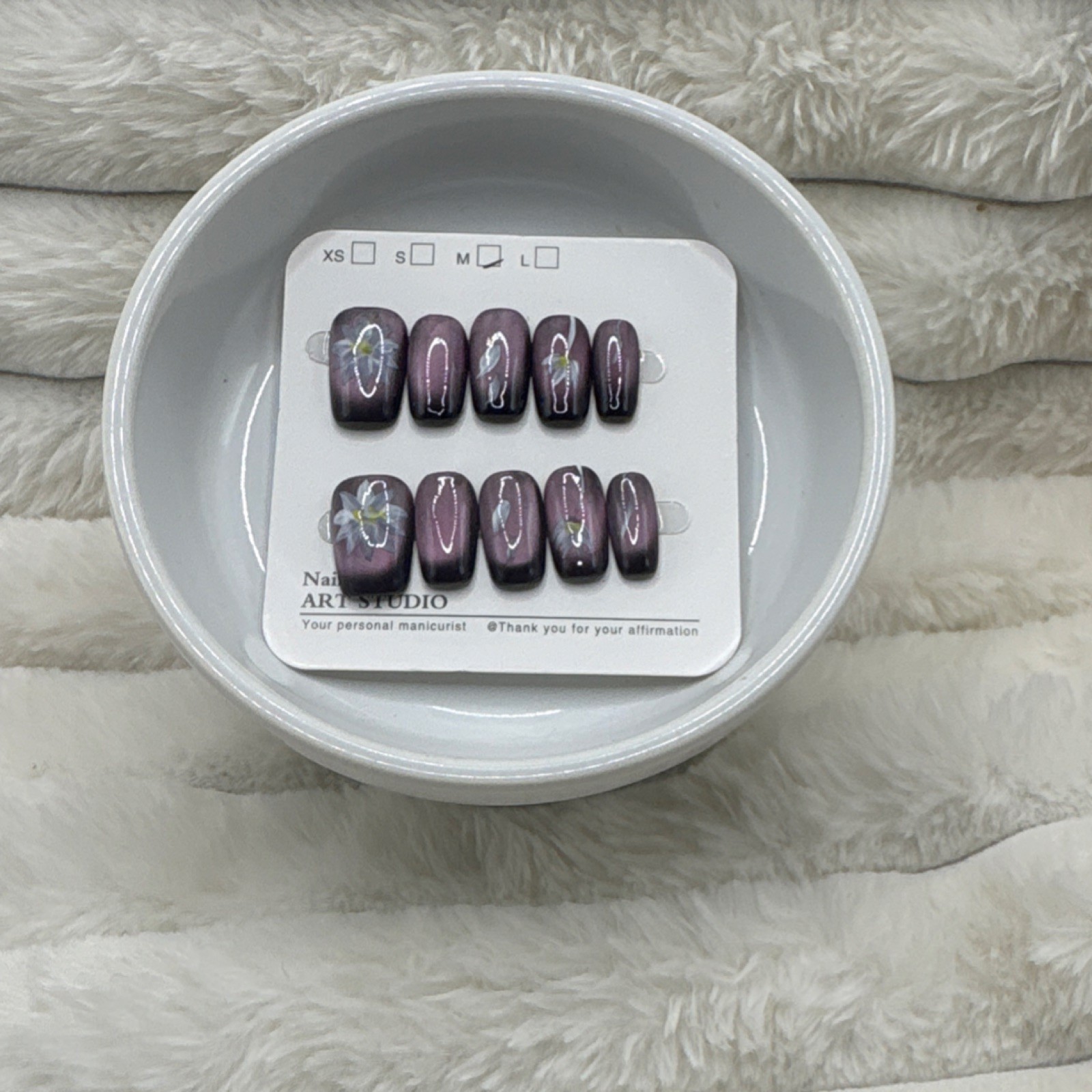 Medium Square Press-On Nails Purple White Floral Shiny Full Cover Set