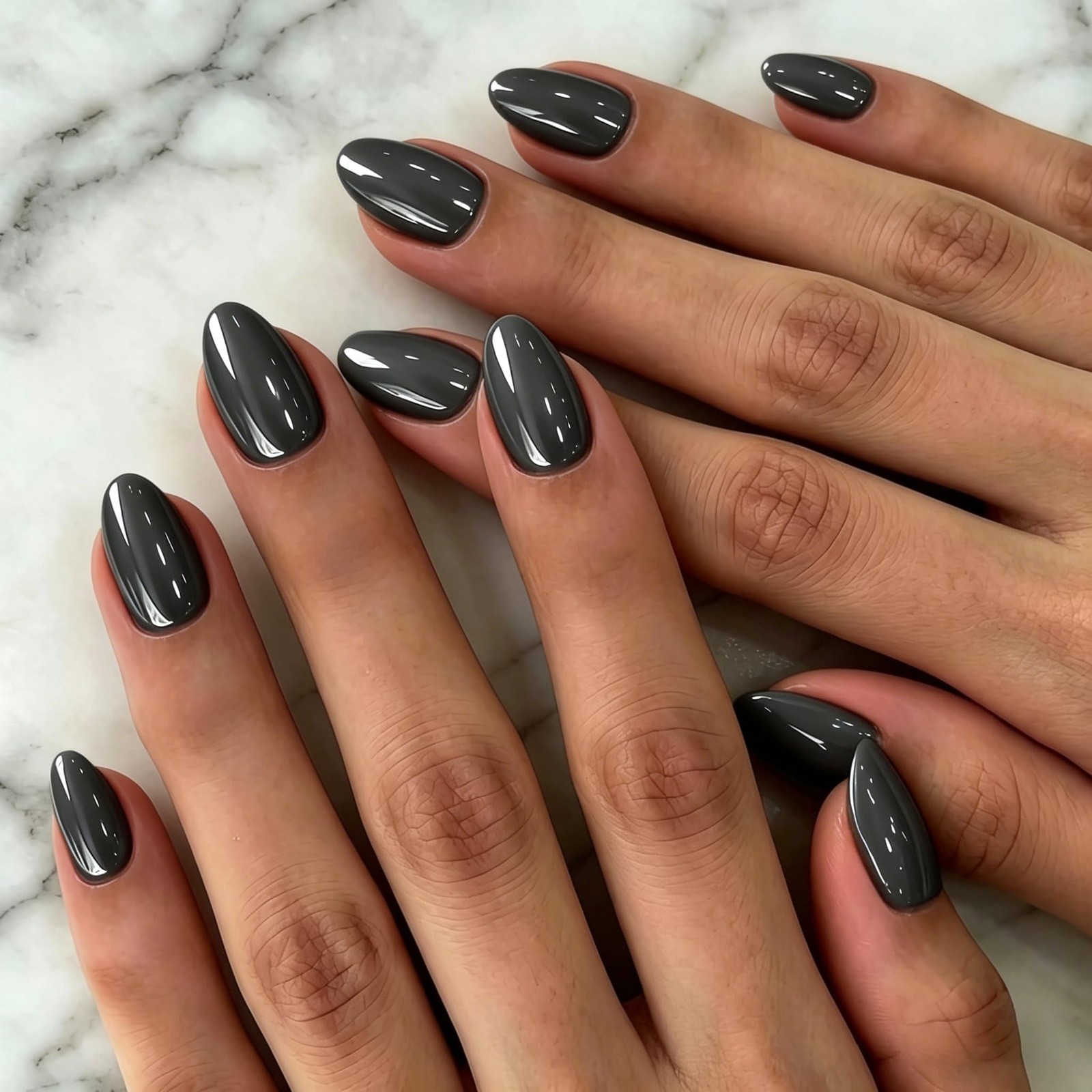 KXAMELIE Ash Black Chrome Press On Nails Short, Shiny Extra Short Almond Pres…