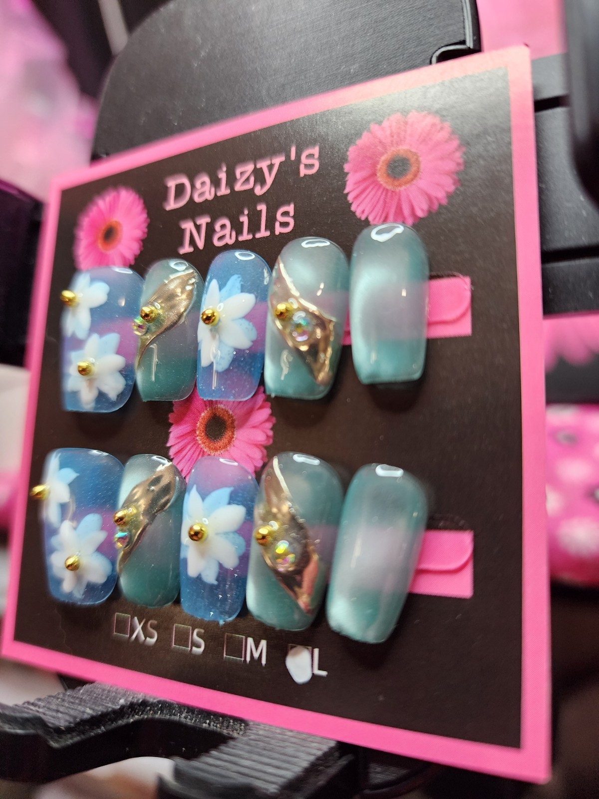 Large Size Press-on Nail 10Pc Set Handmade Squoval Blue Flowers 2.0 Cm Length