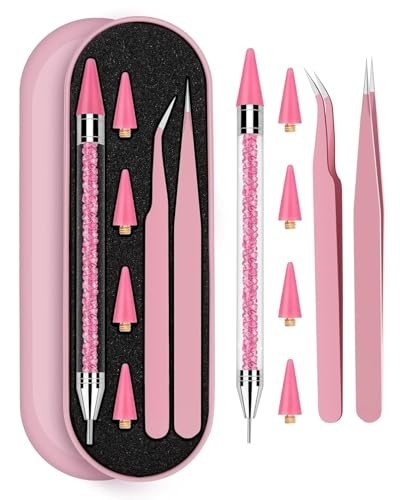 Rhinestone Picker Tool Set with Wax Heads and Tweezers, Pink