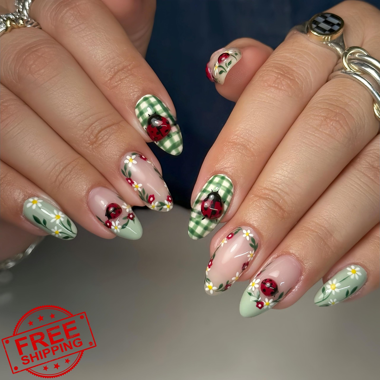 Tephrent Ladybug French tip nails medium