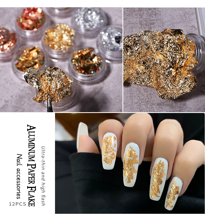 12 Pcs Nail Art Metal Foil Mixed Colors Paper 3D Sticker Flake Decal Decoration