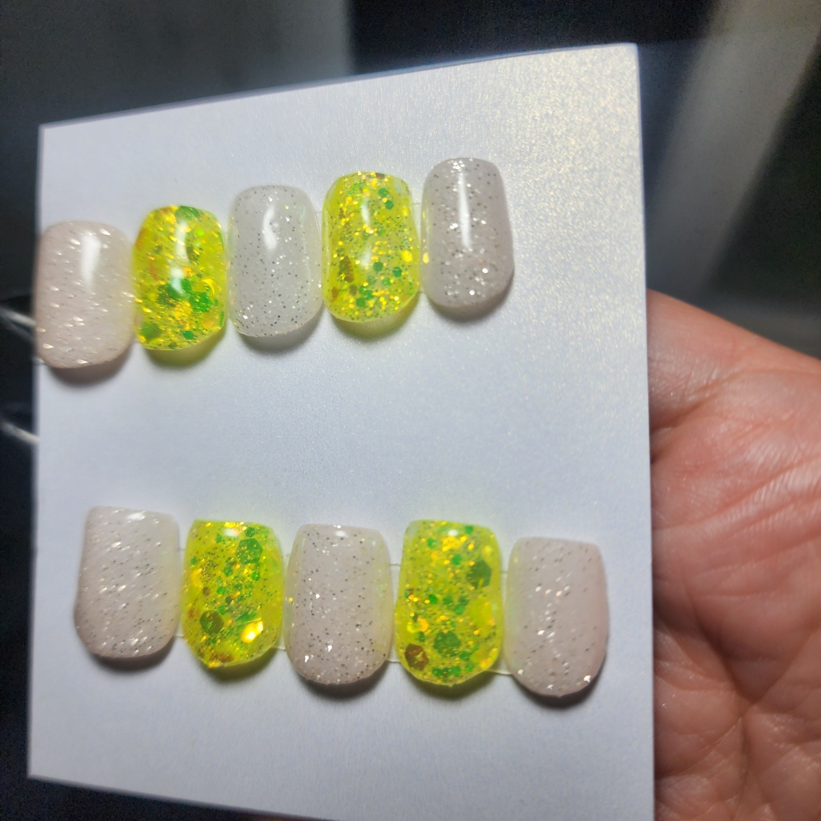 Handmade Acrylic Extra Short Square Press On Nails Medium Size Glitter LemonDrop