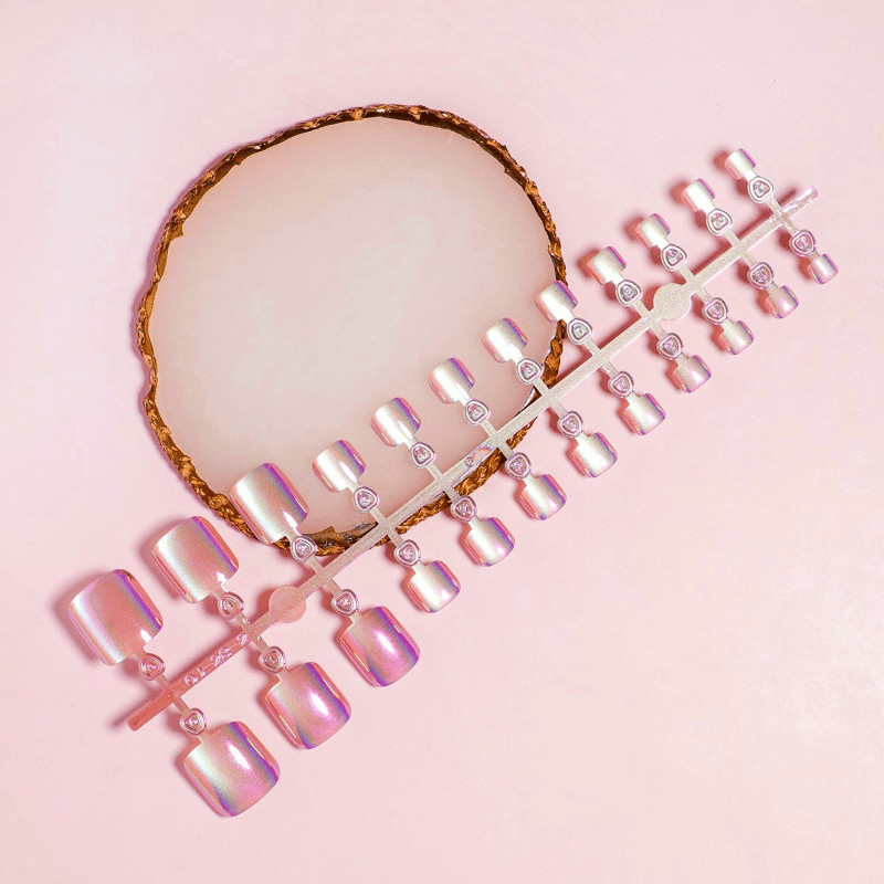 48Pcs-Short Square Peach Iridescent Aurora Chrome Toe Press on Nails