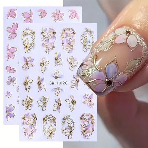 6 Sheets Flower Nail Art Stickers Decals 3D Self-Adhesive Gold Edge Flowers-5