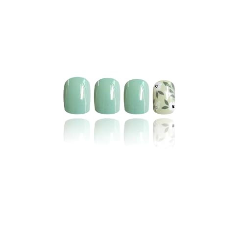 Spring Green Press on Nails Short Square Fake Nails Glossy False Nails with