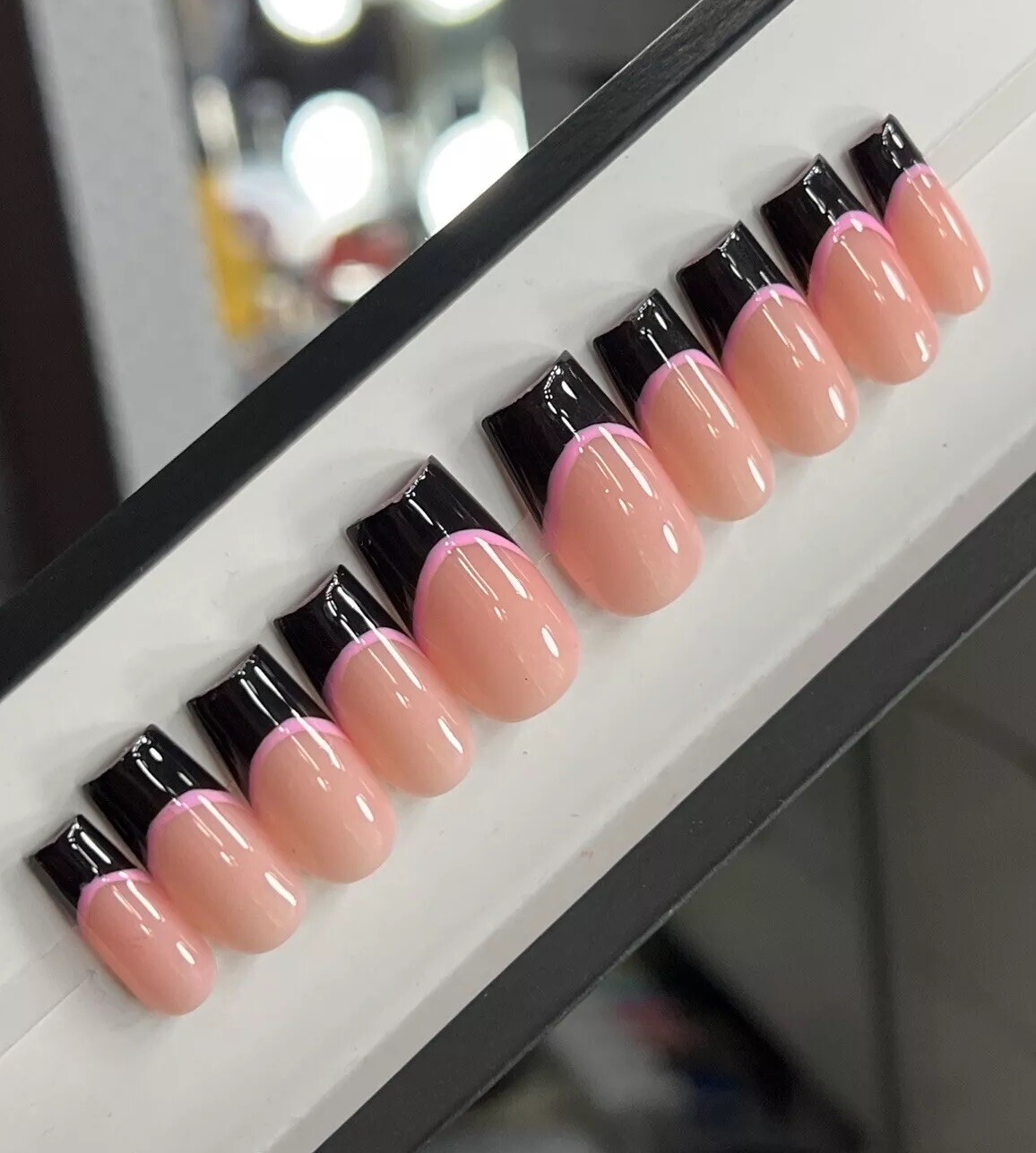 🩷🖤 CUSTOM Press On Nails FRENCH BLACK PINK BLING 10p SET W Kit