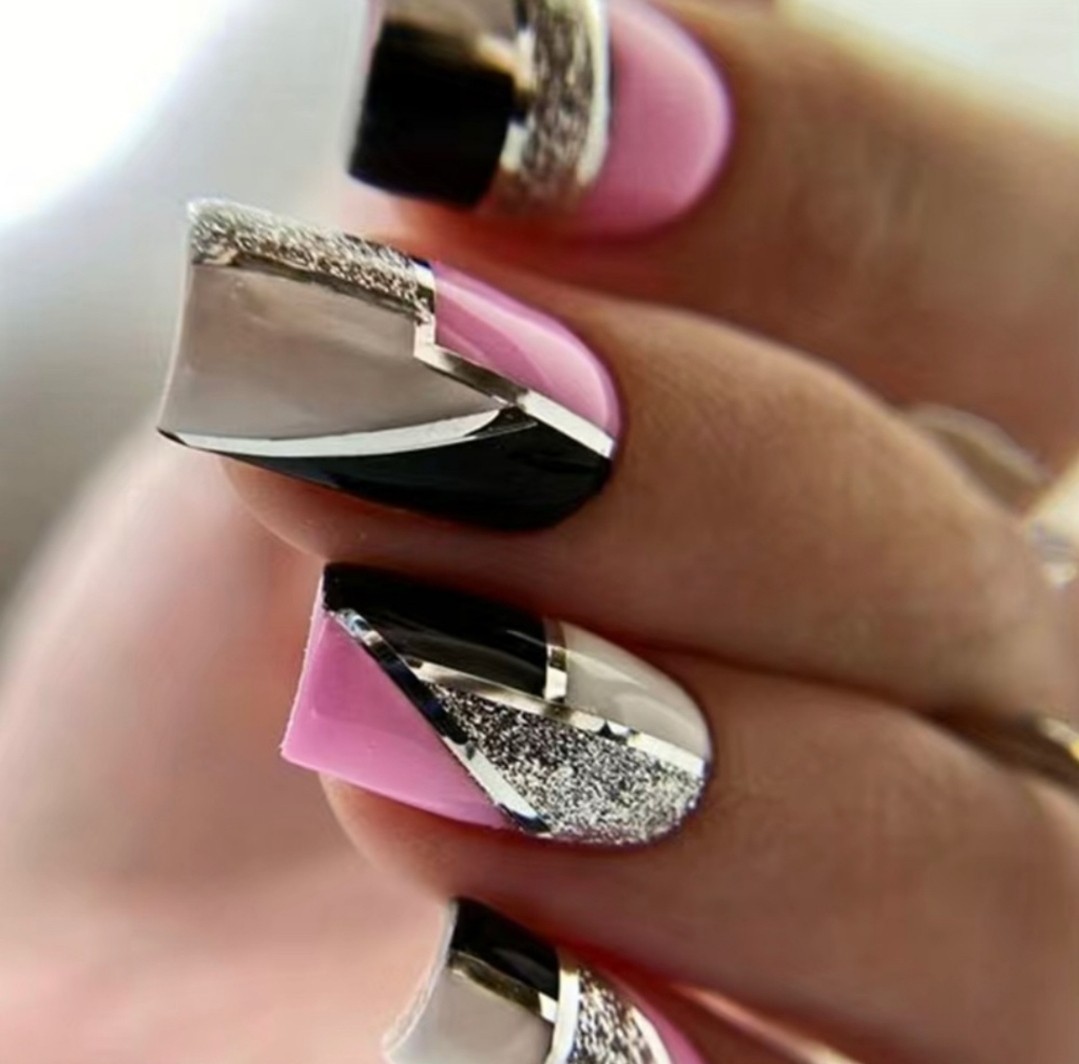 Silver, Pink & Black Press On Nails