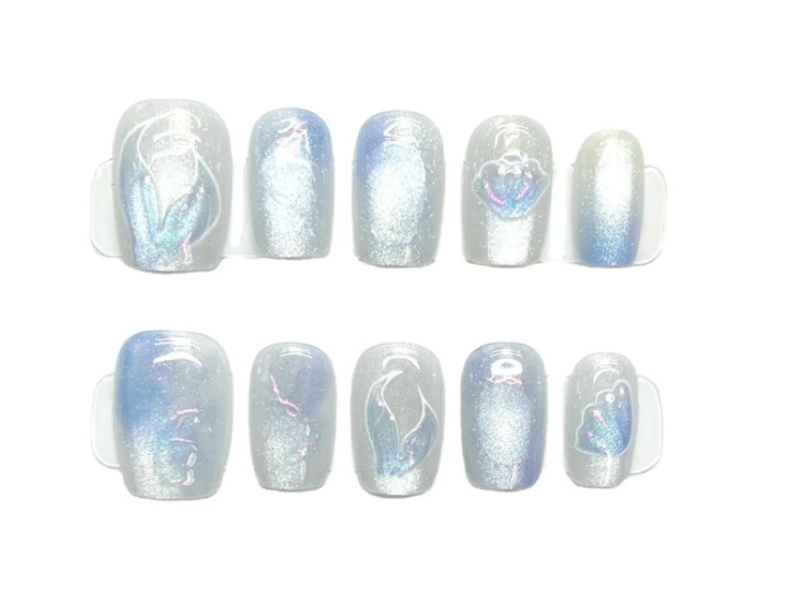 Mystic Tides Press On Nails – Mermaid Iridescent Seashell Holographic False Nail