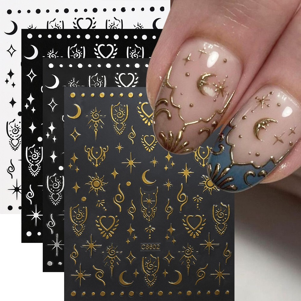 4Pcs Silver/Gold/White/Black Moon Star Heart Self-Adhesive Nail Art Decals NH29