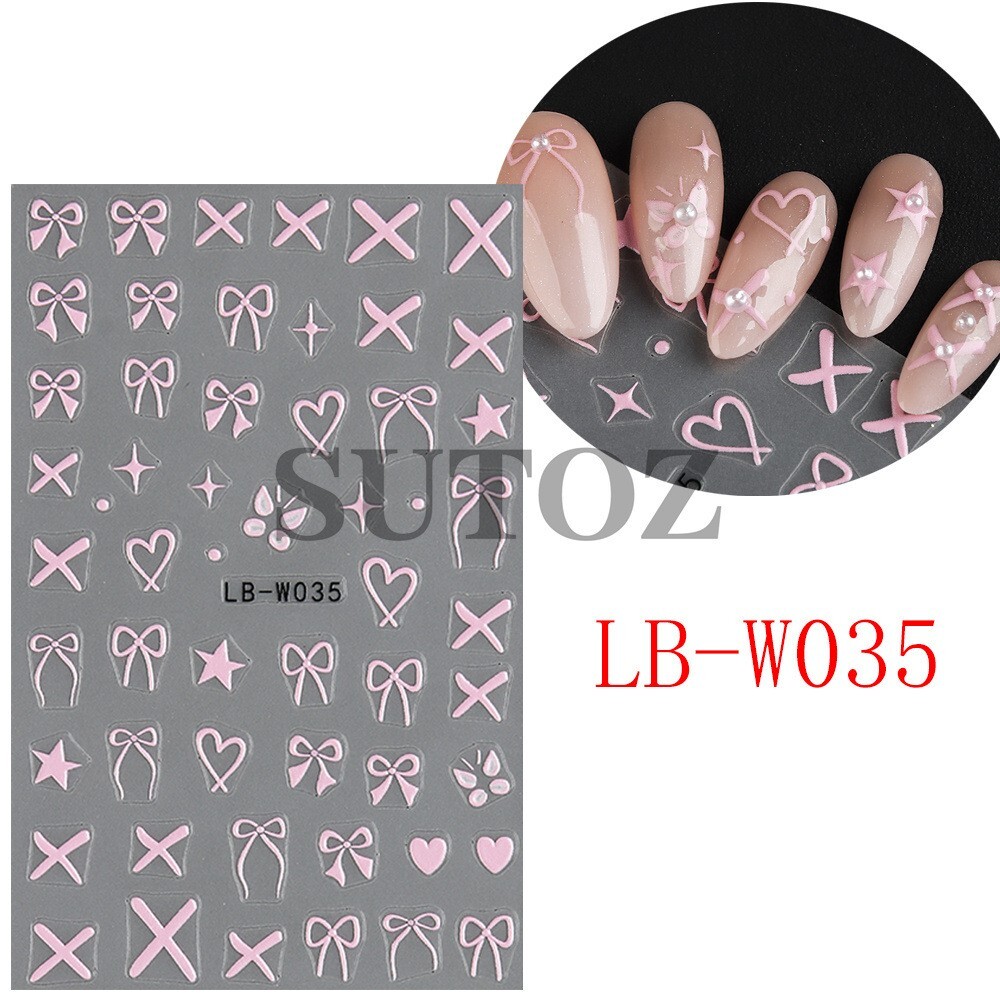 4Sheets Heart Bows Nail Art Stickers 3D Self-Adhesive Decals Bow Tie French NH28