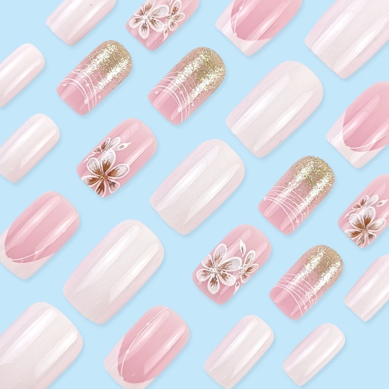48Pcs-Elegant Line Art Press on Nails Medium Square French Floral Sparkle Design