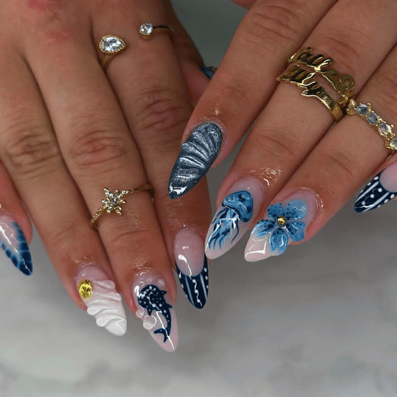 60pcs Almond Press on Nails, Blue Ocean Creature Shell Gradient Gloss Nails