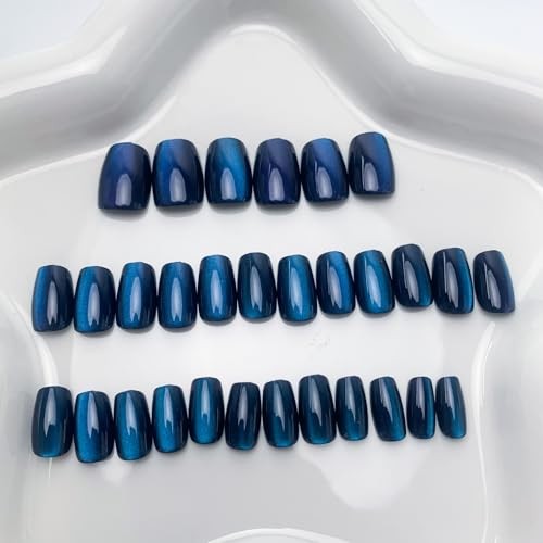 Blue Press On Nails – Short Square Cat Nails – Set of 24 – Style 23