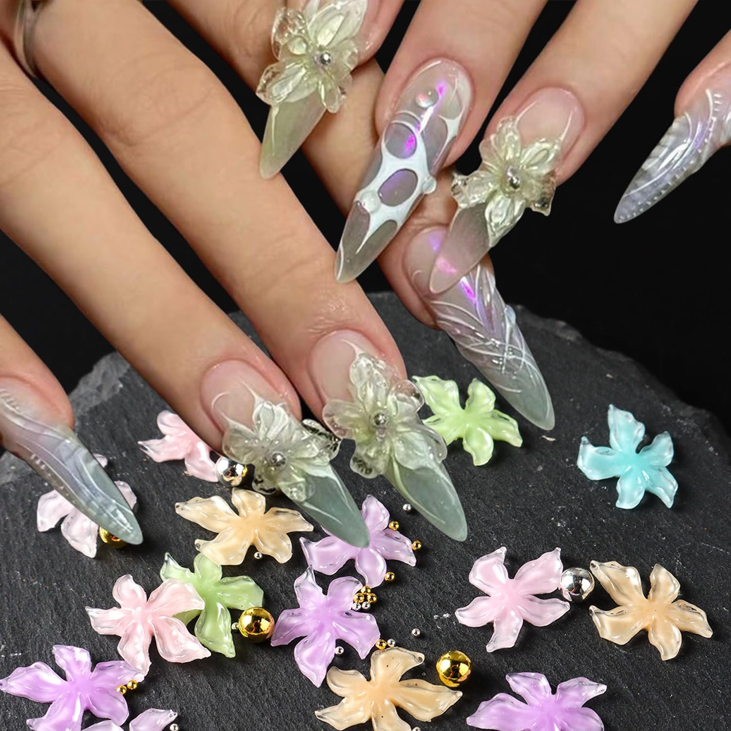 Summer Flower Nail Charms 3D Hibiscus Flowers for Nails Gems Spring Nail Jewelry