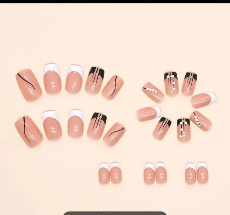 DO-IT-YOURSELF 24Pcs Glossy Press On Nails Nude Square French Tip Medium Length