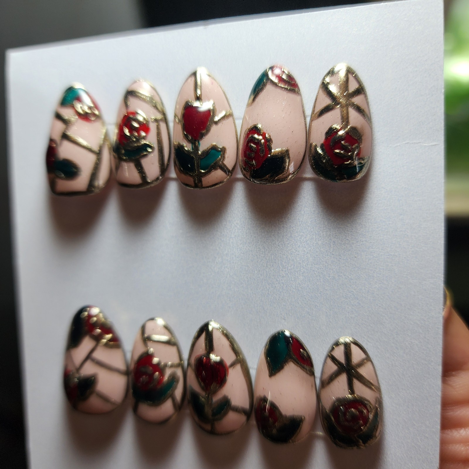 Handmade Medium Size Extra Short Stained Glass Press On Nails Roses And Chrome