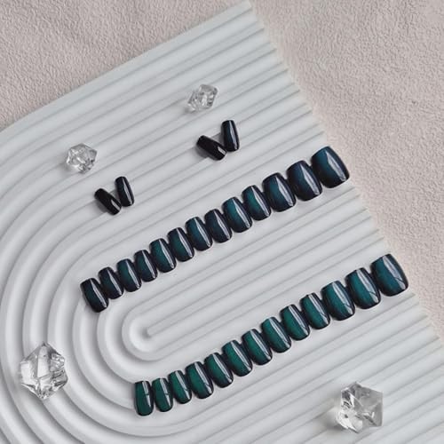 Cat Eye Press On Nails Short, 30 Pcs Glitter Black Turquoise black dark green