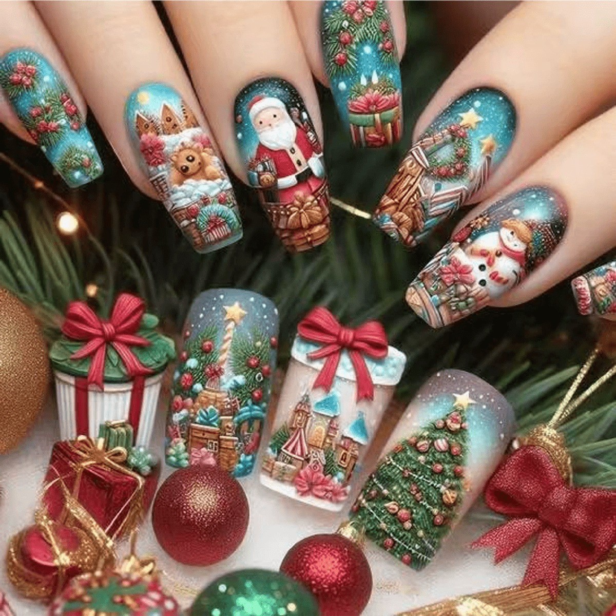48PCS Christmas Press on Nails Medium Square Santa Tree Festive False Nails