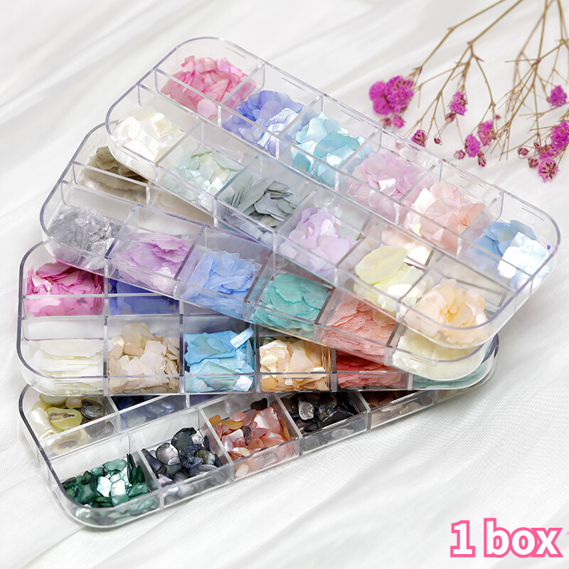 12 Grid Box – Irregular Iridescent Shell Slices Nail Art Shell Piece Painting